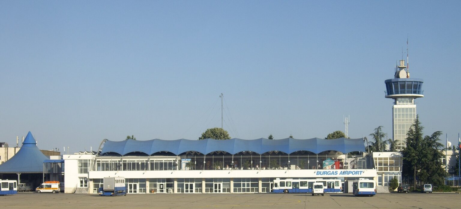 Burgas Airport departure terminal and control tower, photographed before the attack.
